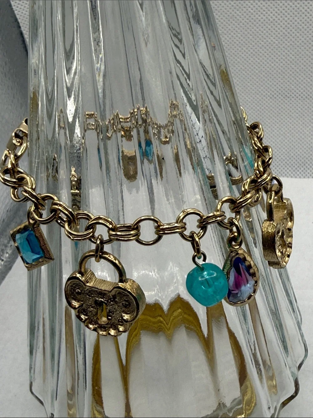 Whimsy Gold-Tone Charm Bracelet with Aqua Beads and Purple Teardrops lock & key